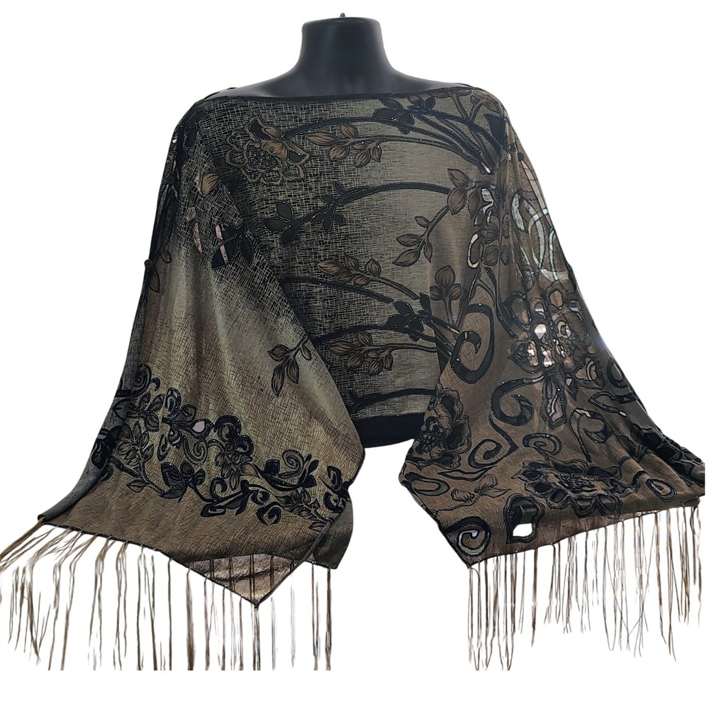 Floral Kimono Women OS Black Beige Fringe Ombre Wrap Shawl Poncho Whimsygoth
